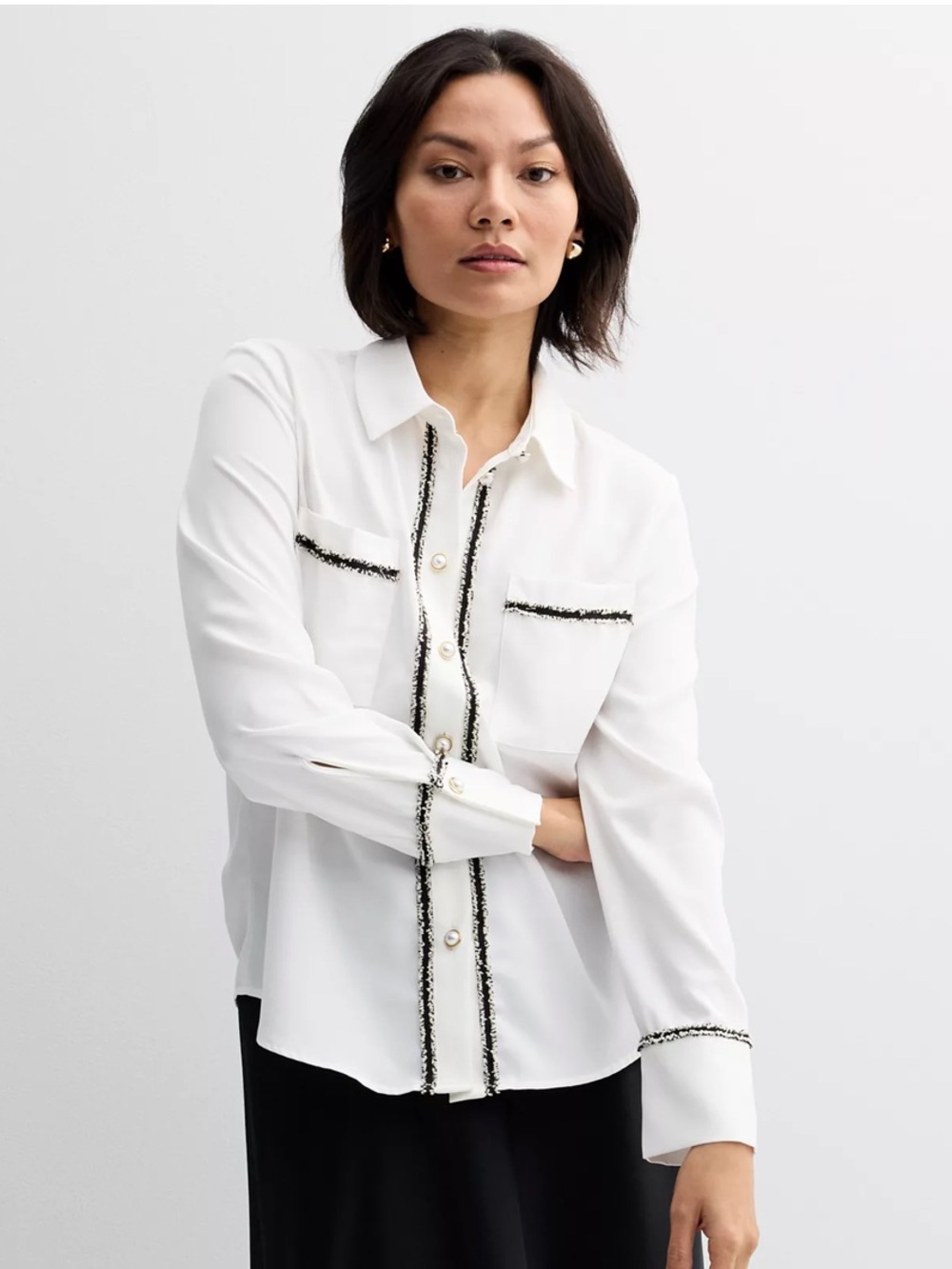 Ellen Tracy Button Front Satin With Tweed Trim Blouse Size XL